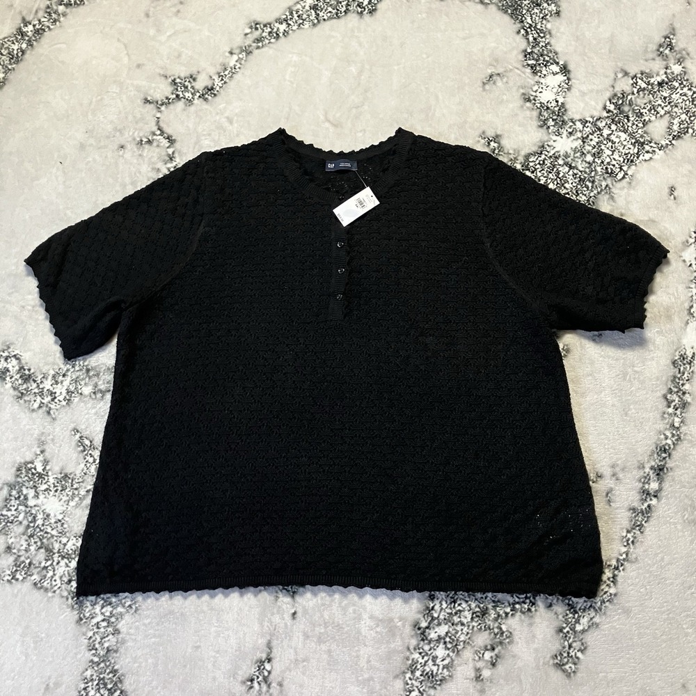 Gap Sweater Womens Size XXL Black Linen Blend Short Sleeve Henley Knit NWT